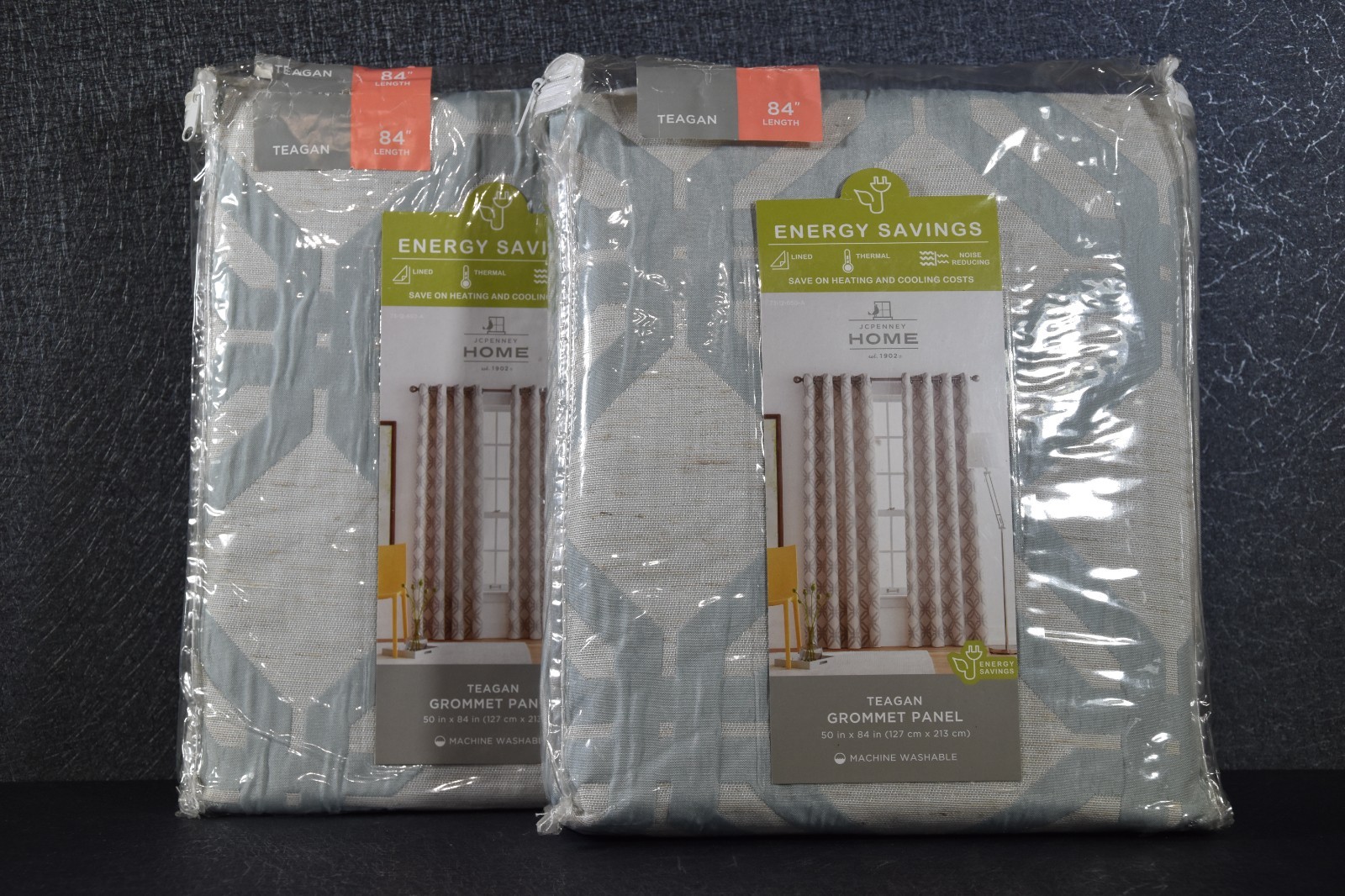 Grommet Lined Curtain Panels 50 x 84 JC Penney Home Teagan Stone Blue Set 2 New