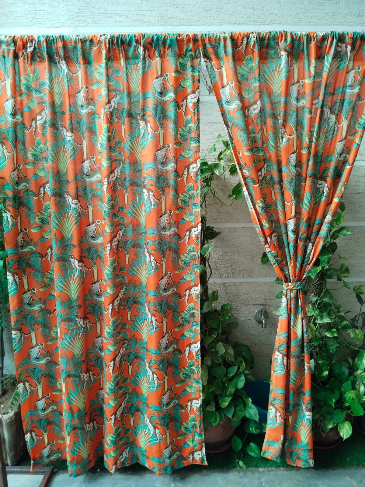 Jungle Animal Cotton Curtains, hand made boho window draps for home office etc.