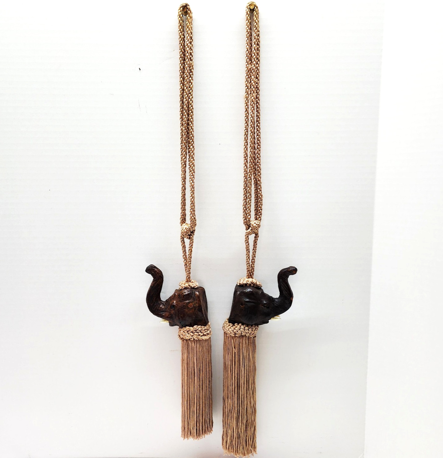 Vintage Leather Elephant Head Curtain Tie Backs Pair Braided Tassel Boho India