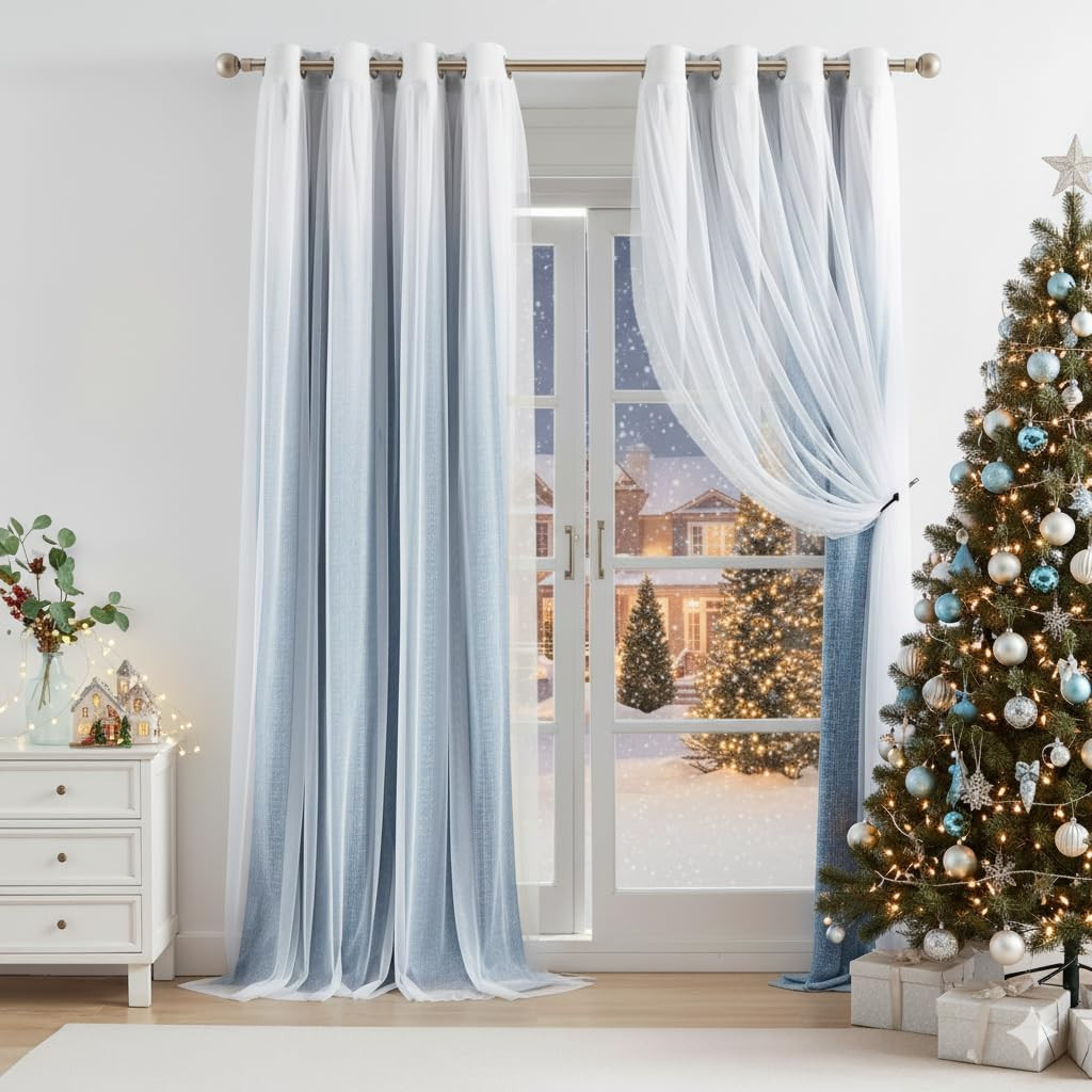 Blackout Ombre Window Curtains with Sheer Overlay, 2 Panels, 52″x90