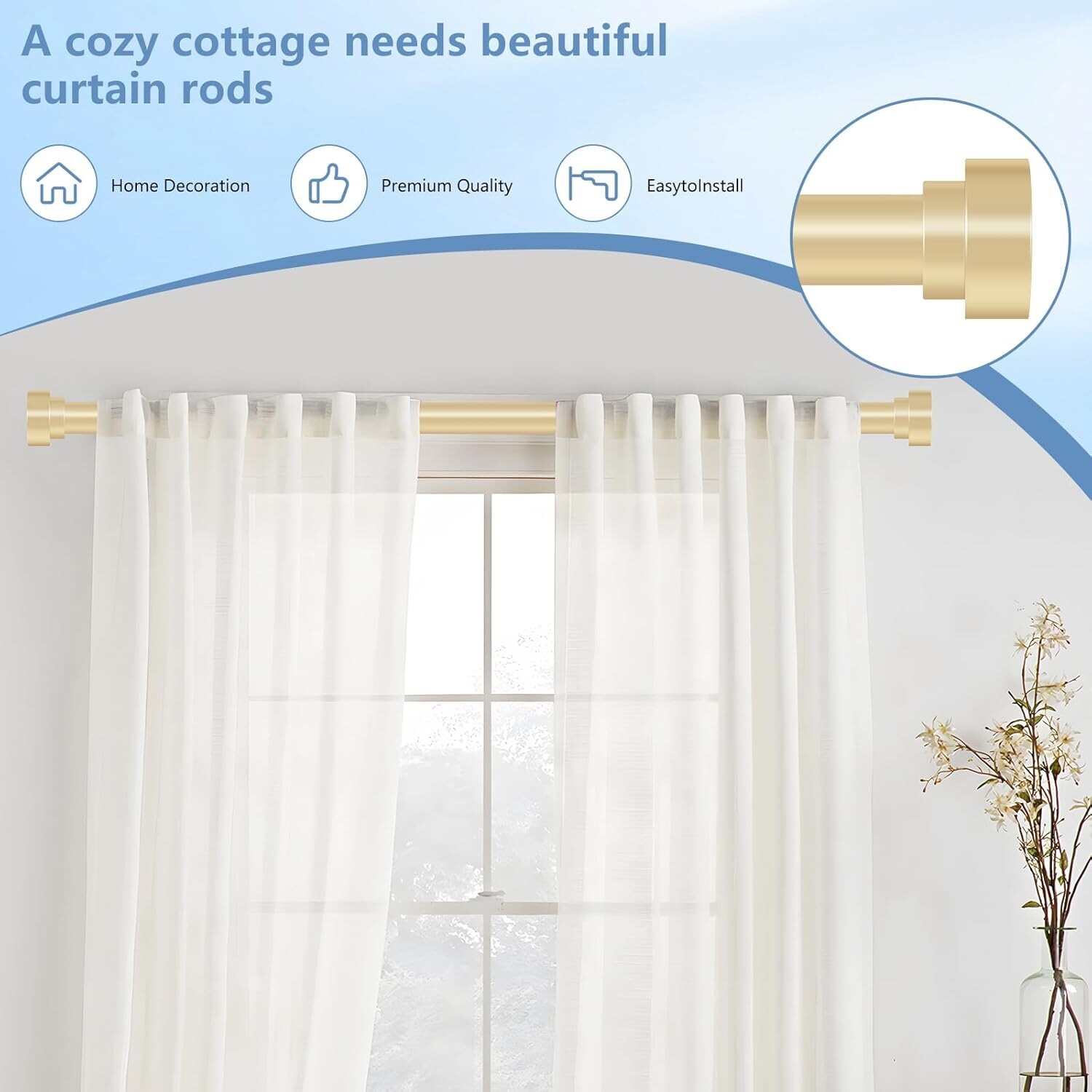 2 Pack Gold Curtain Rods Window 28 – 48 Inches 1” Diameter Heavy Duty Adjustable