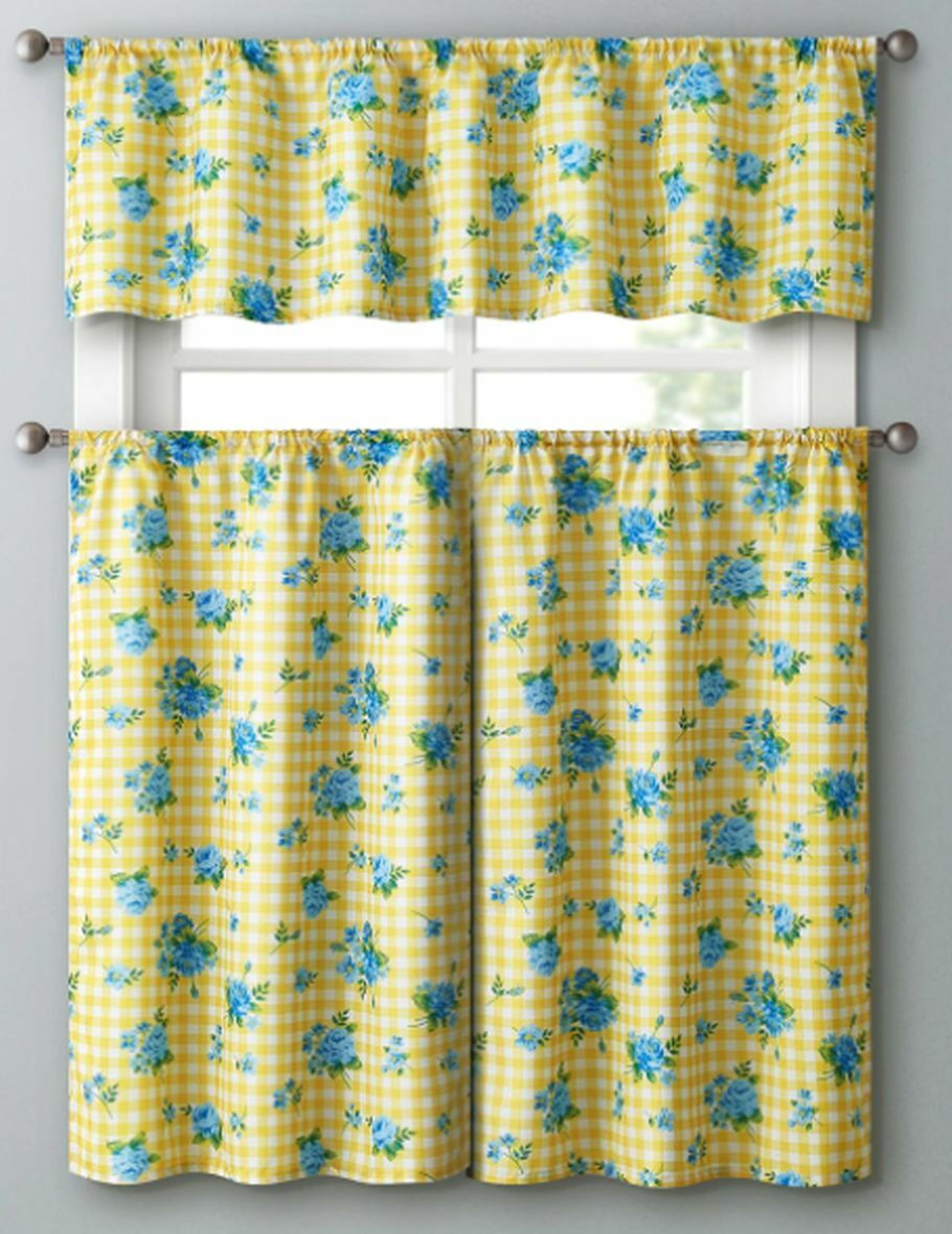 3pc. Curtains Set: Valance(56″x14″) & 2 Tiers (28″x36″) BLUE FLOWERS, CINDY, VC
