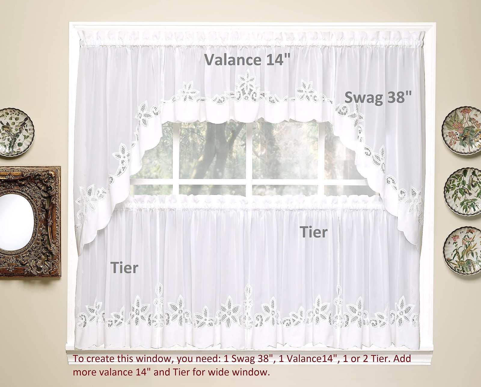 Plymouth Classic Battenburg Applique Sheer Window Tier, 36-Inch, White