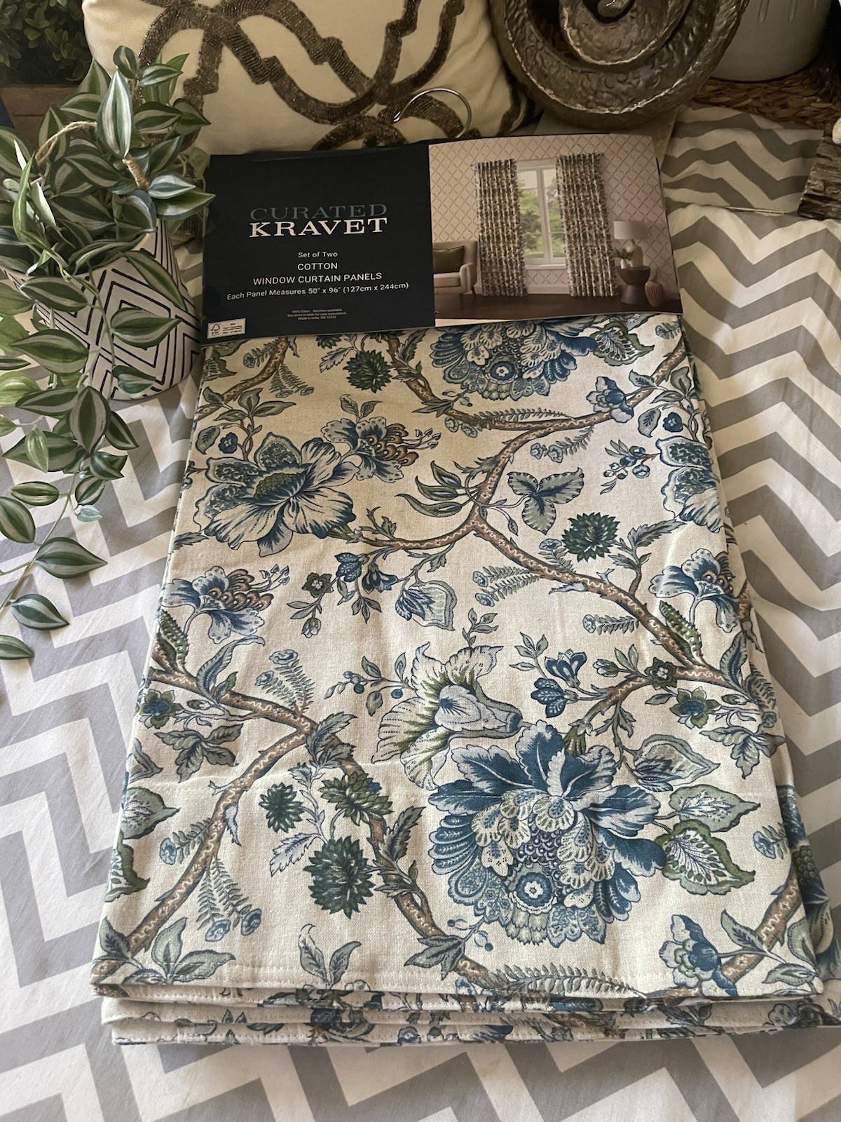 CURATED KRAVET 2-Panel Curtain Set Jacobean Blue Garden Floral Cotton 50X96 NWT