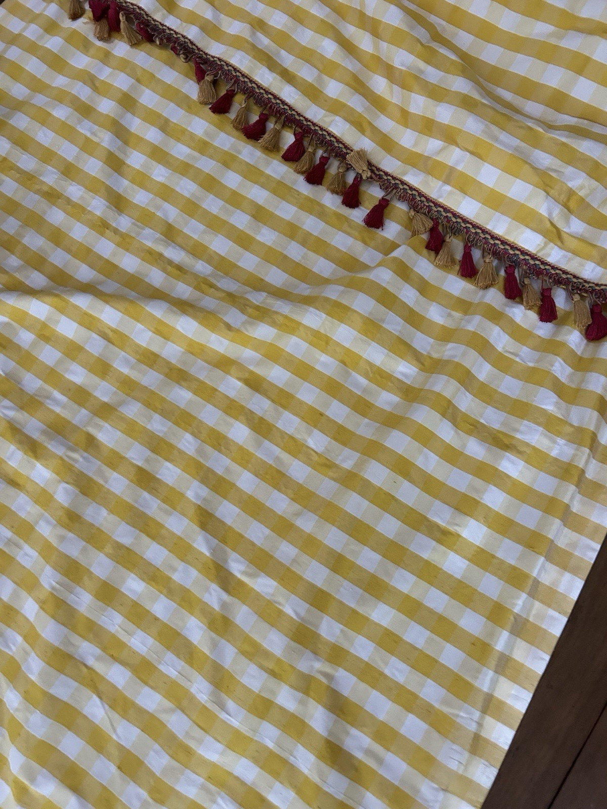 Pair Decorator Custom Made Striped Check Silk Taffeta Tassel Trim Lined