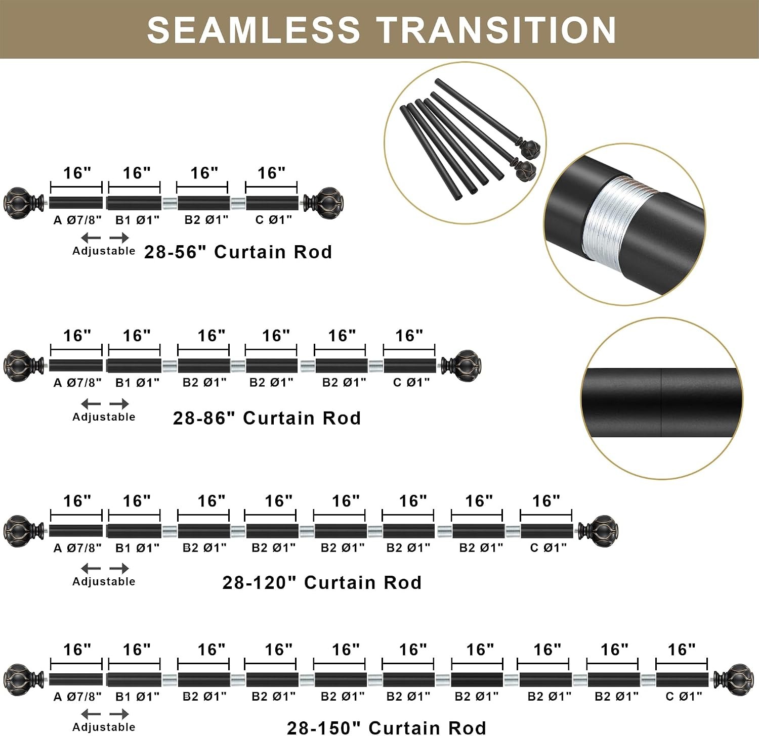 Heavy Duty Adjustable Curtain Rod Window Drapery Hardware Solid Metal Bracket