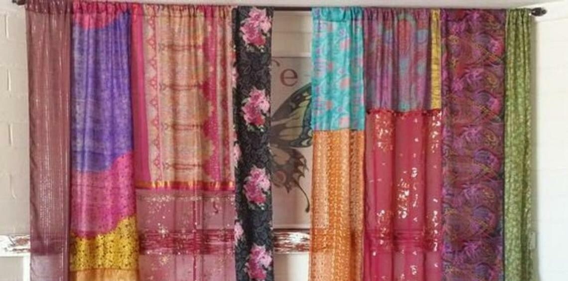 2 Pcs Indian Sari Patchwork Curtain Drape Window Decor Multi Silk Sari Curtain