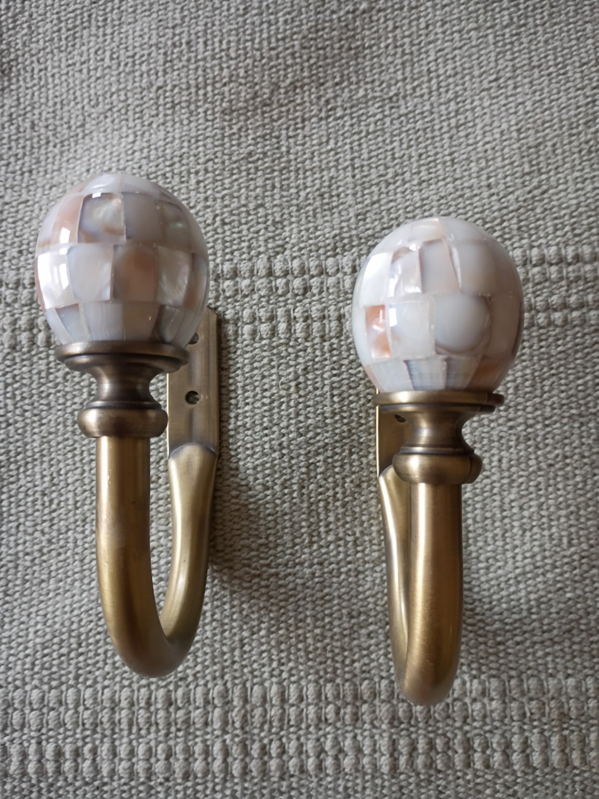 Pair Vtg Curtain Tiebacks Holdbacks Faux Mother of Pearl Aged Brass
