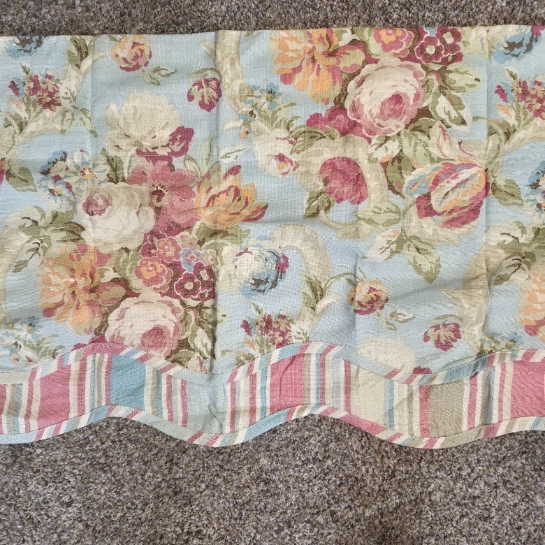 Waverly Spring Bling Valance Cabbage Rose Stiped Scalloped Blue Pink Green EXC