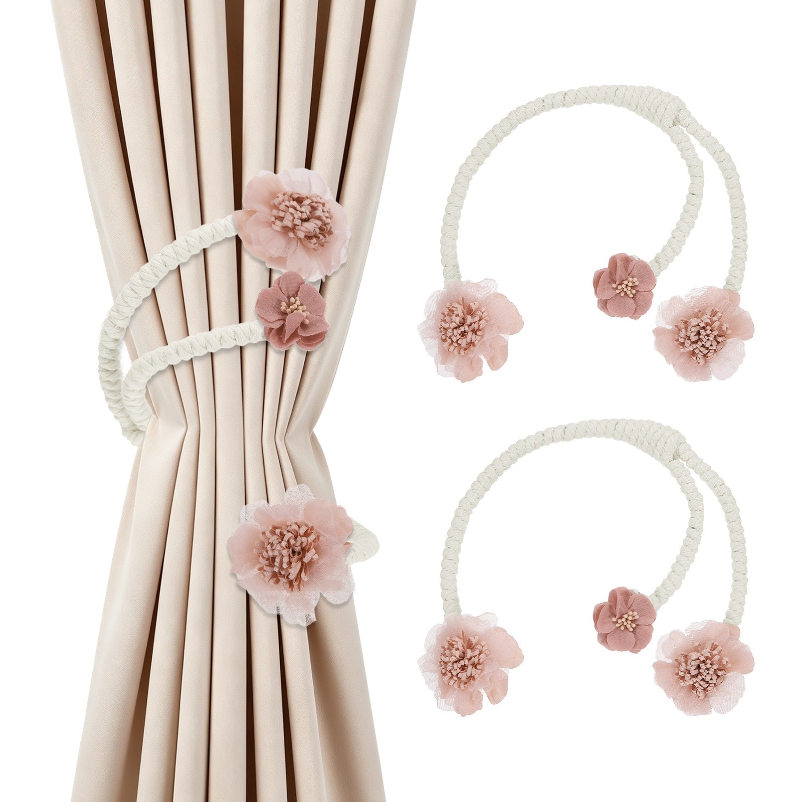 2Pcs Flower Curtain Tiebacks, 3 Flower 45cm Twist Holdbacks Clip, Pink