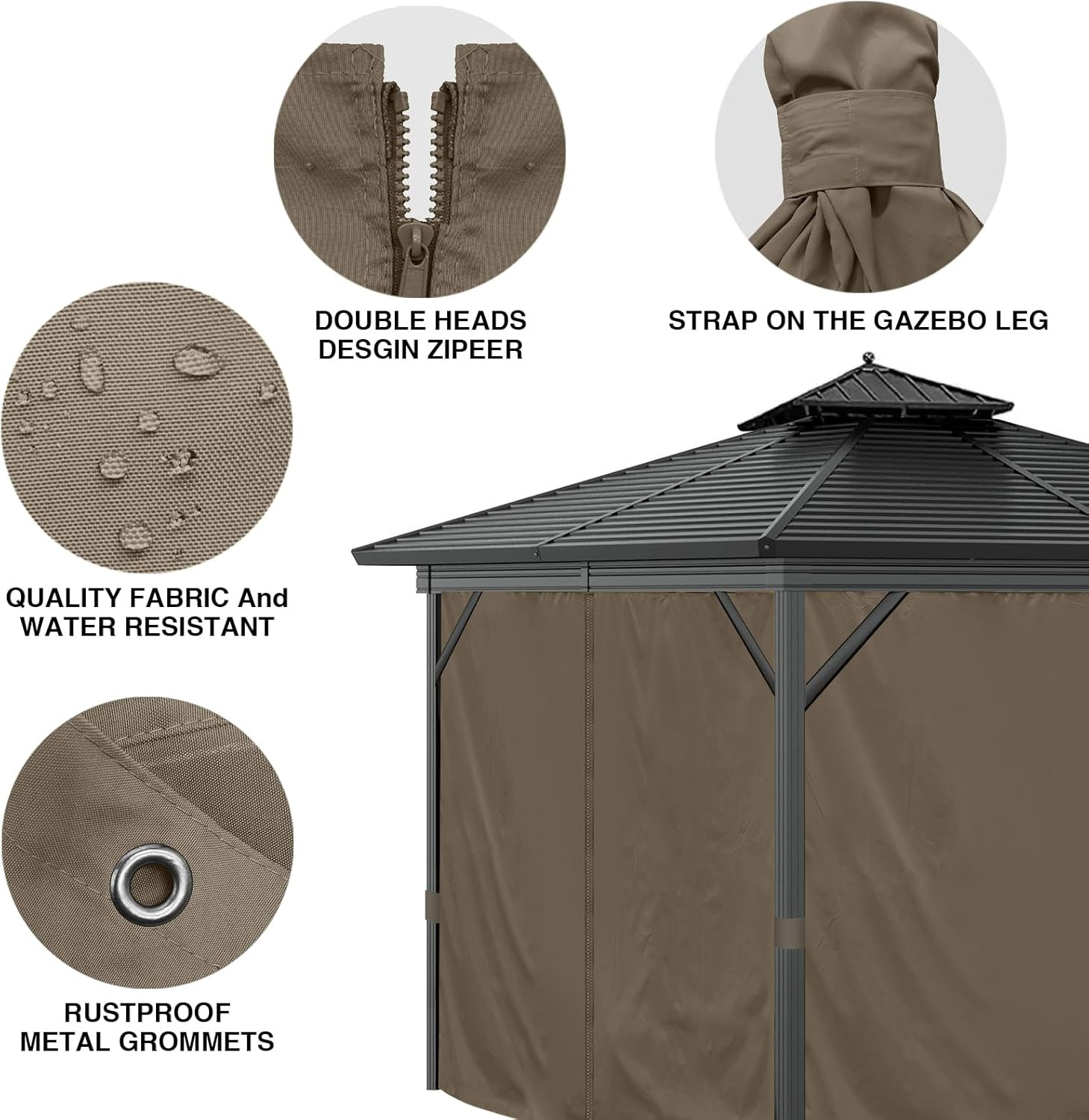 Waterproof 10’X10′ Gazebo Curtains with Zipper – 4 Panels, Brown