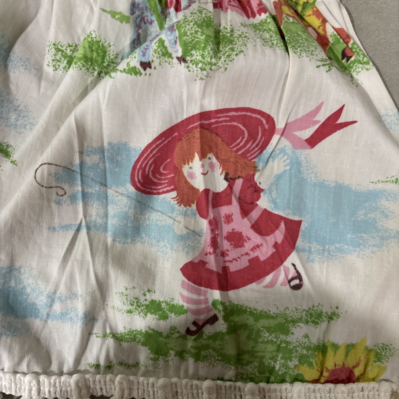 Vtg Kids Novelty Storybook Valance Lot 2 Handmade Rod Pocket Pom Pom Trim Retro