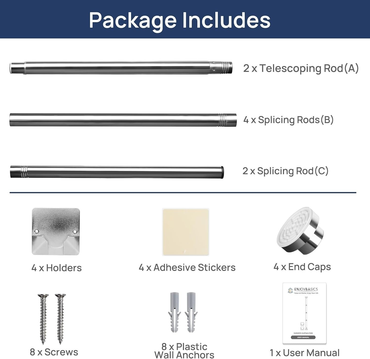 ENJOYBASICS 2 Pack Adjustable Spring Tension Curtain Rods 32 to 66 in, Chrome