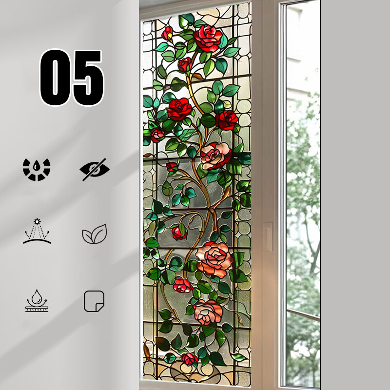 1PC Retro Rose Printed Stained Glass Window Film Self Adhesive Backing Stickers