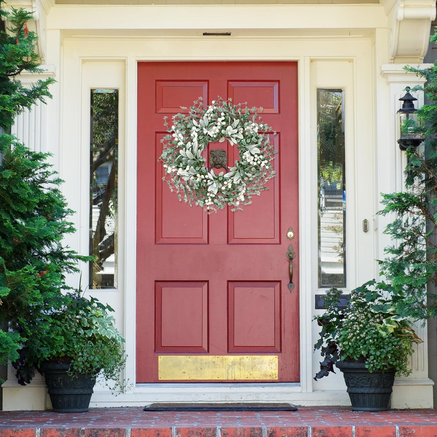 Sggvecsy Artificial Greenery Leaves Boxwood Wreath with White Berries – Green