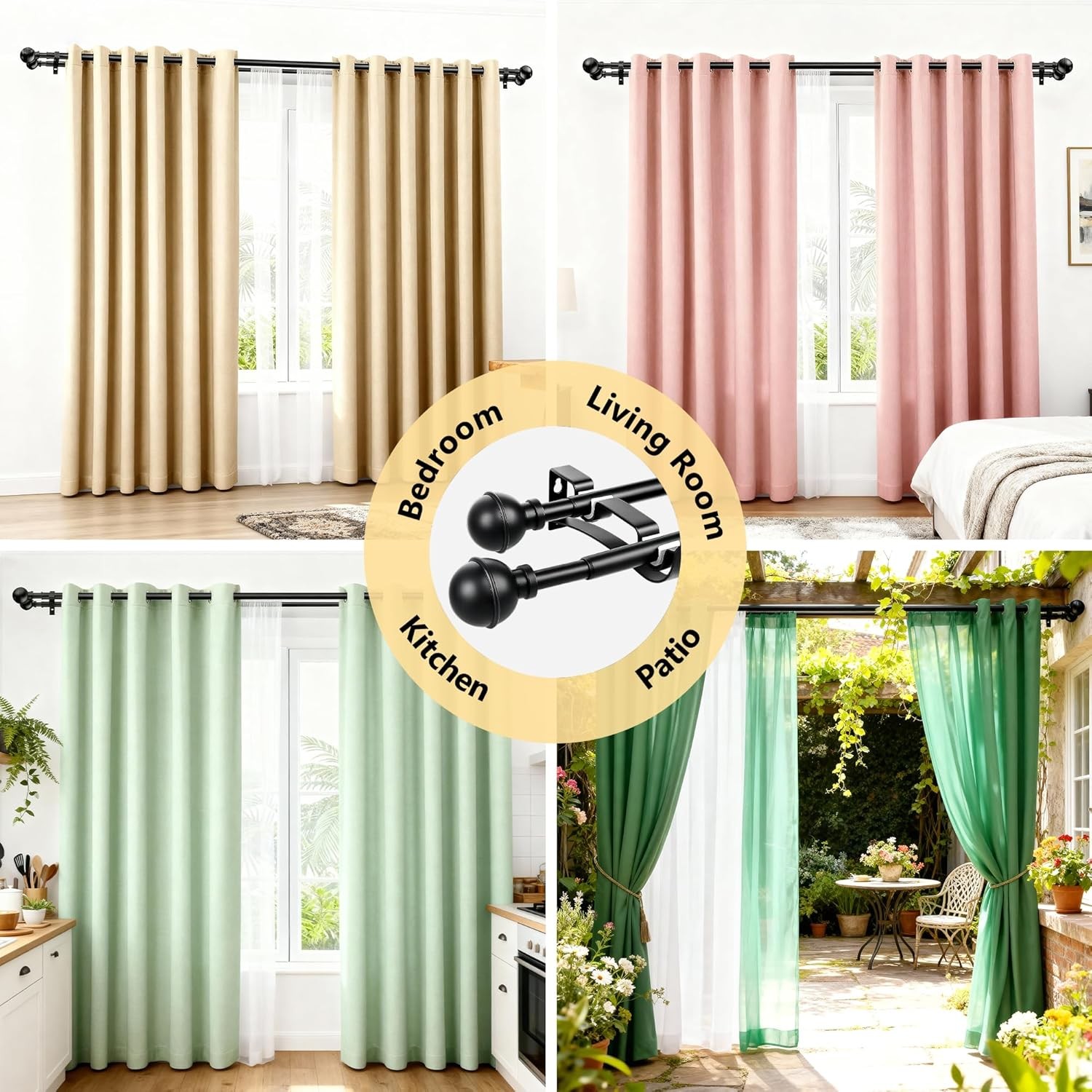Adjustable Double ain Rods for Windows Set 30 to 57 Inch, Bla