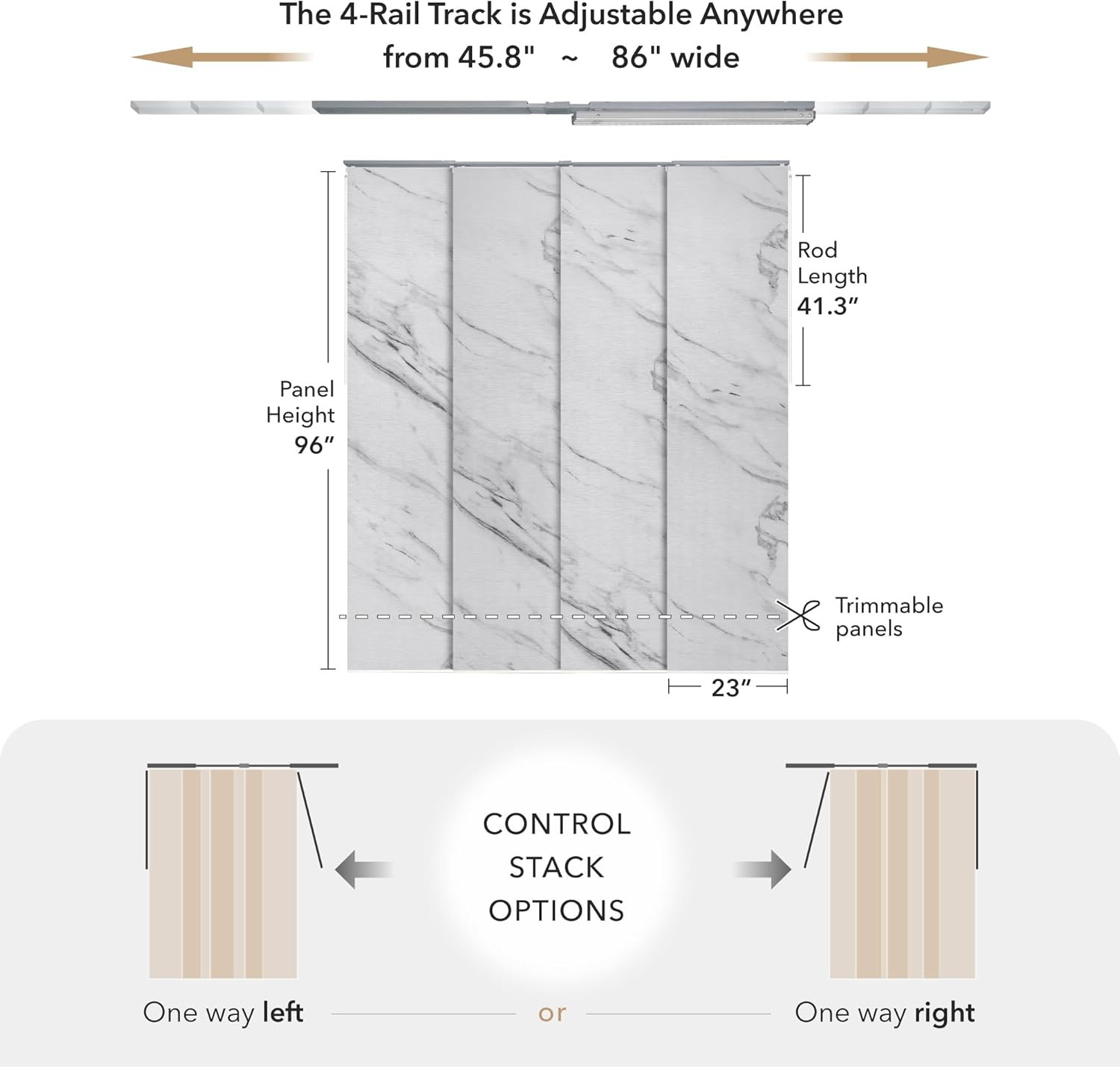 Deluxe Adjustable Sliding Panel Blind, Marble Print, 45.8″-86″W x 96″H