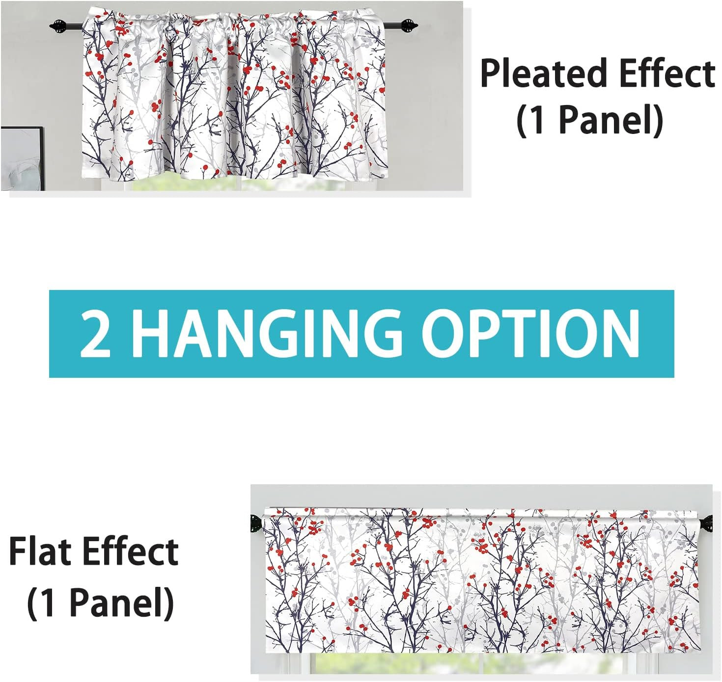 Tree Branches Blackout Valances for Kitchen & Home, 52×18 Inches, Grey
