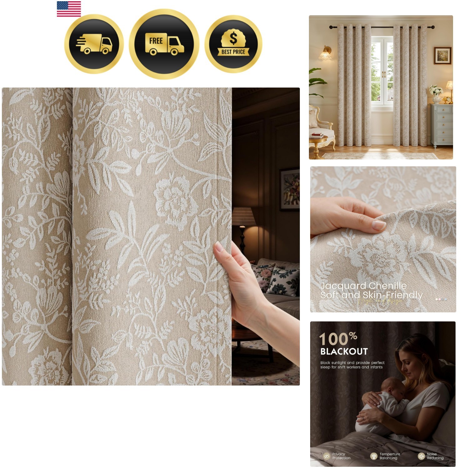 Floral Jacquard Blackout Curtains 72 Inches Long – Chenille Easy Install Grom…