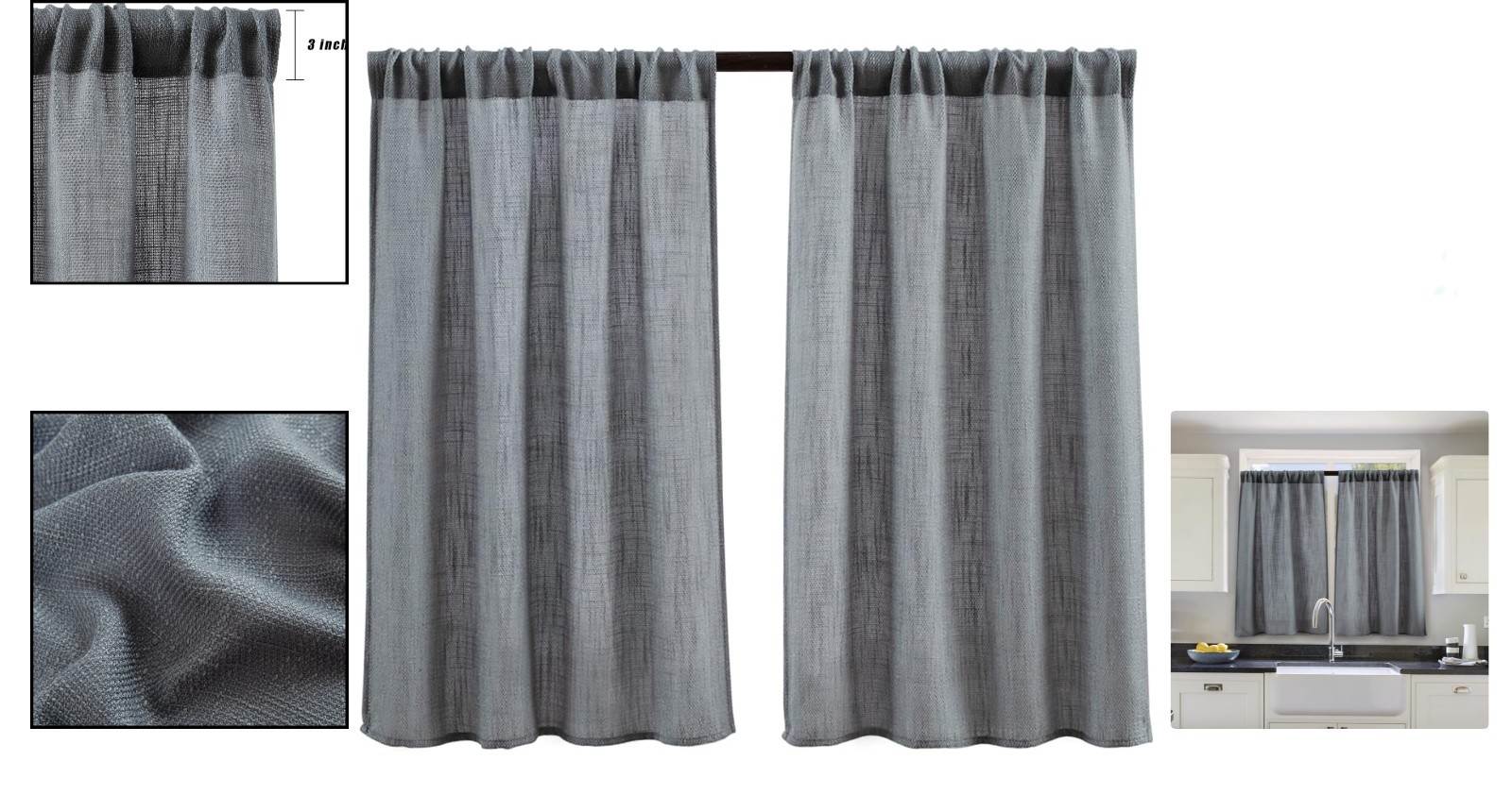 Elegant Grey Burlap Look Short Curtains – 45″ Rod Pocket Panels for Kitchen