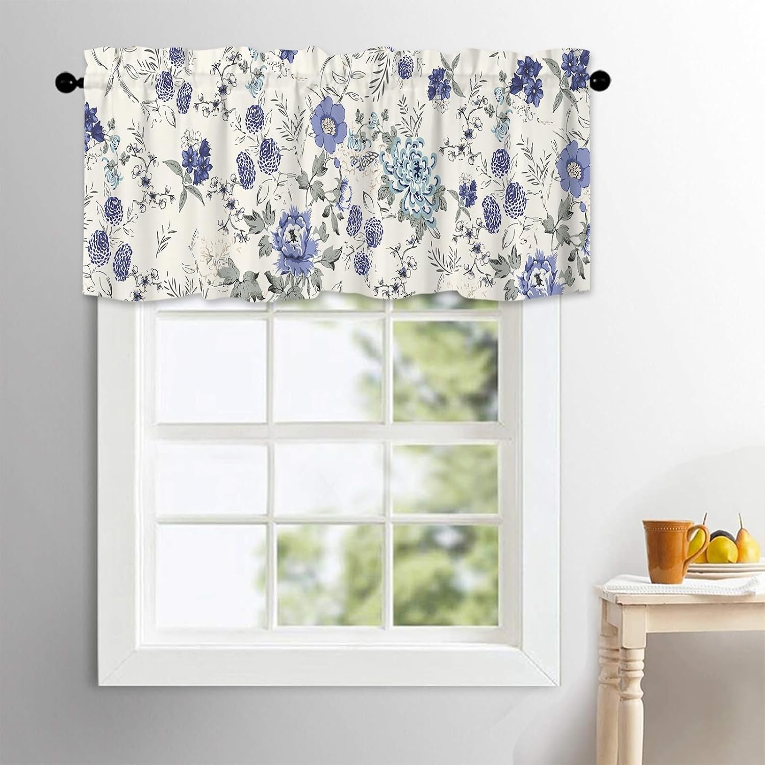 Spring Blue Floral Window Valance French Country Summer Kitchen Curtain