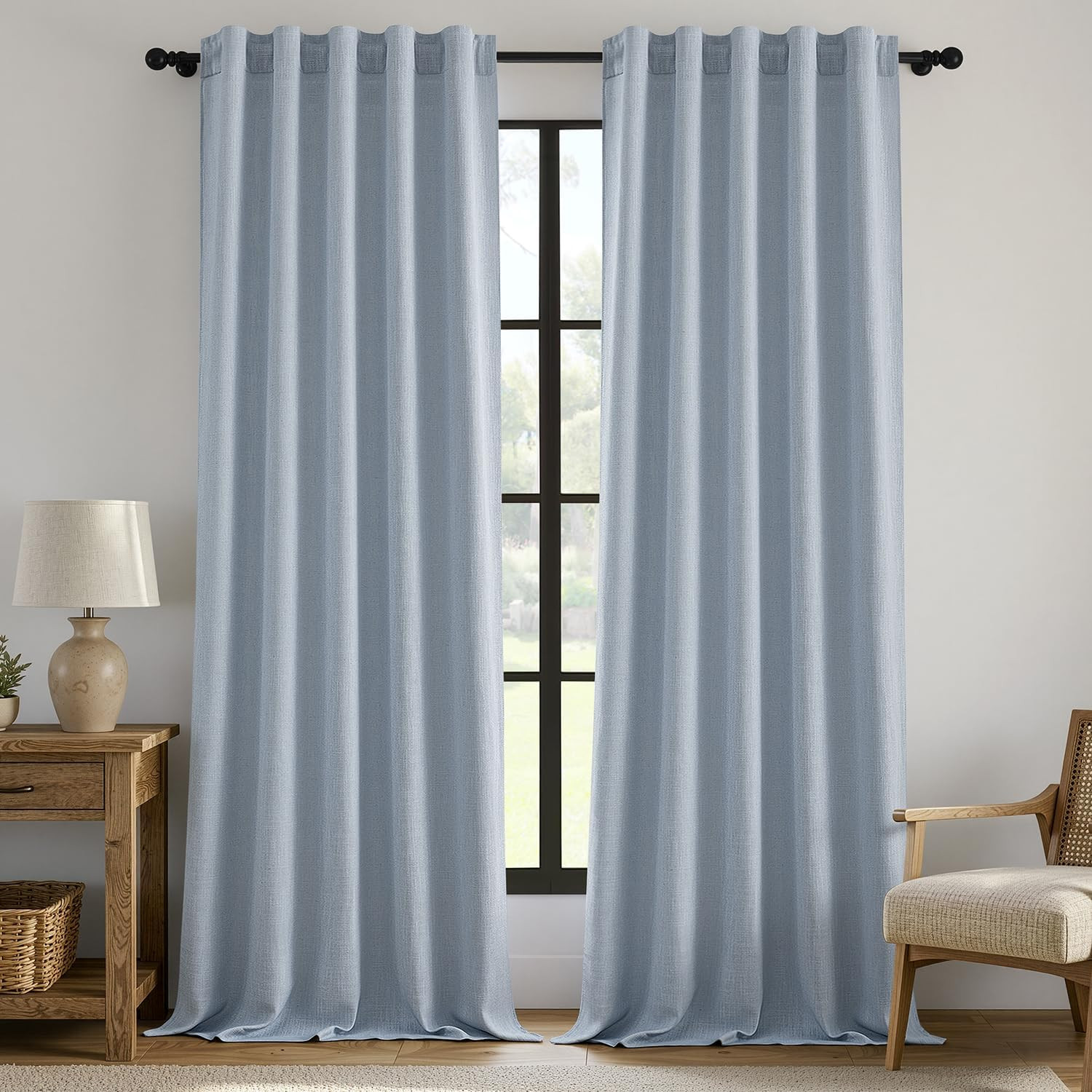 Thick Linen Curtains 96 Inches Long Light Blue Semi Sheer for Farmhouse/Living R