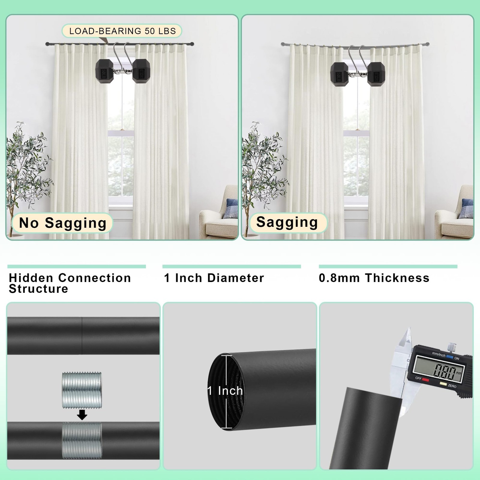 Black Curtain Rod for Windows 28 to 56 Inch, Internal Splicing 1 Inch Diamete…