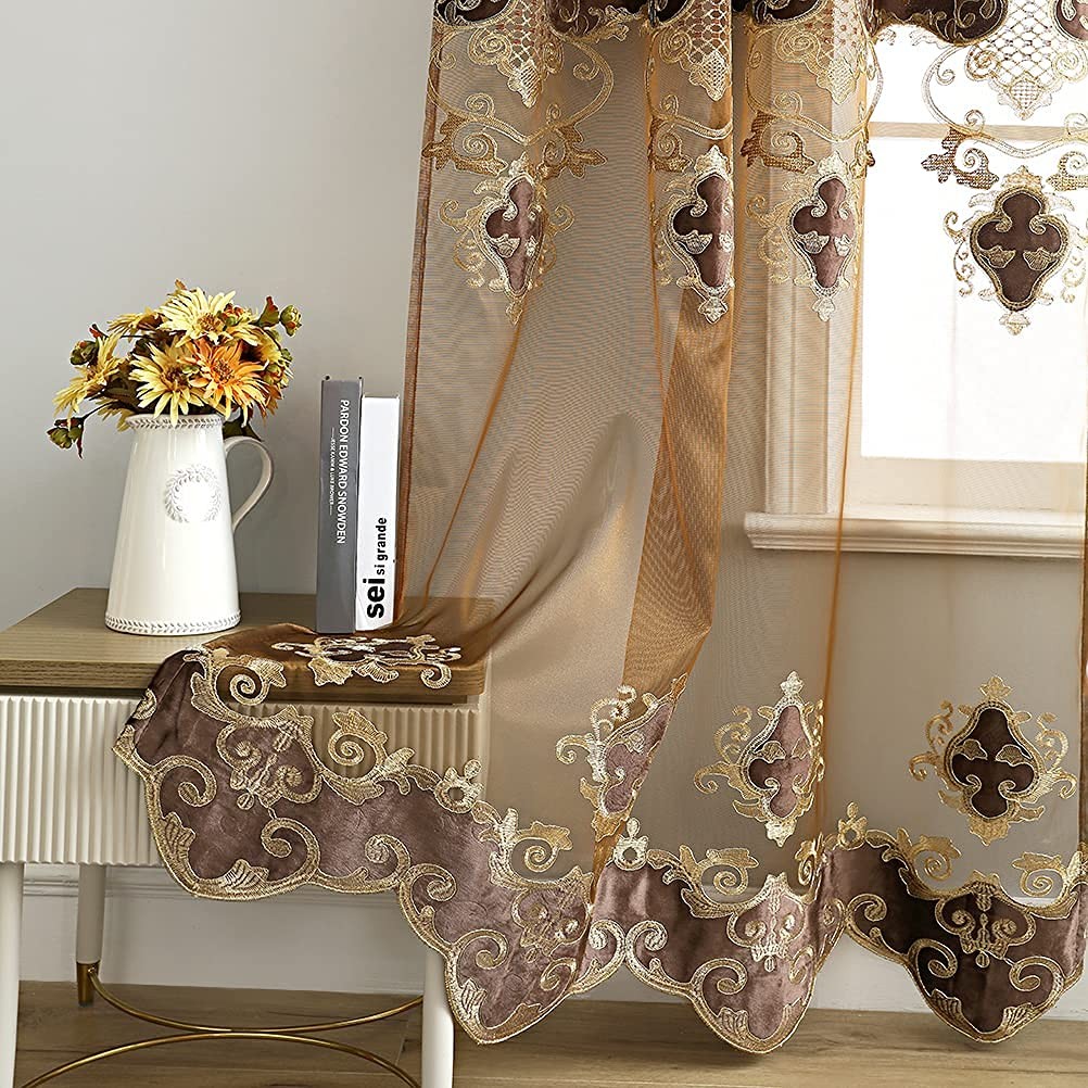 Elkca Luxury Embroidered Sheer Curtains For Living Room Chocolate Tulle