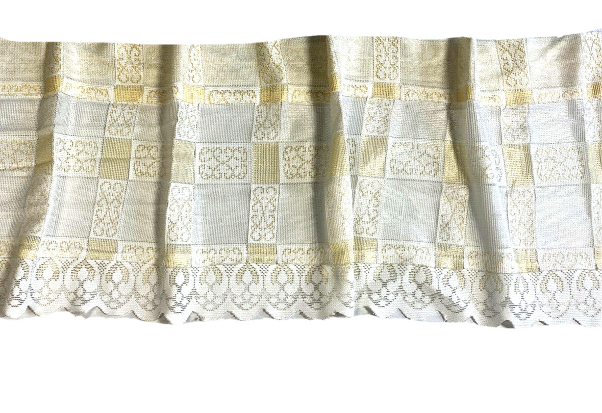 Vintage Intricate Lace Valance Short Curtain Lemon Yellow & White Check Unique