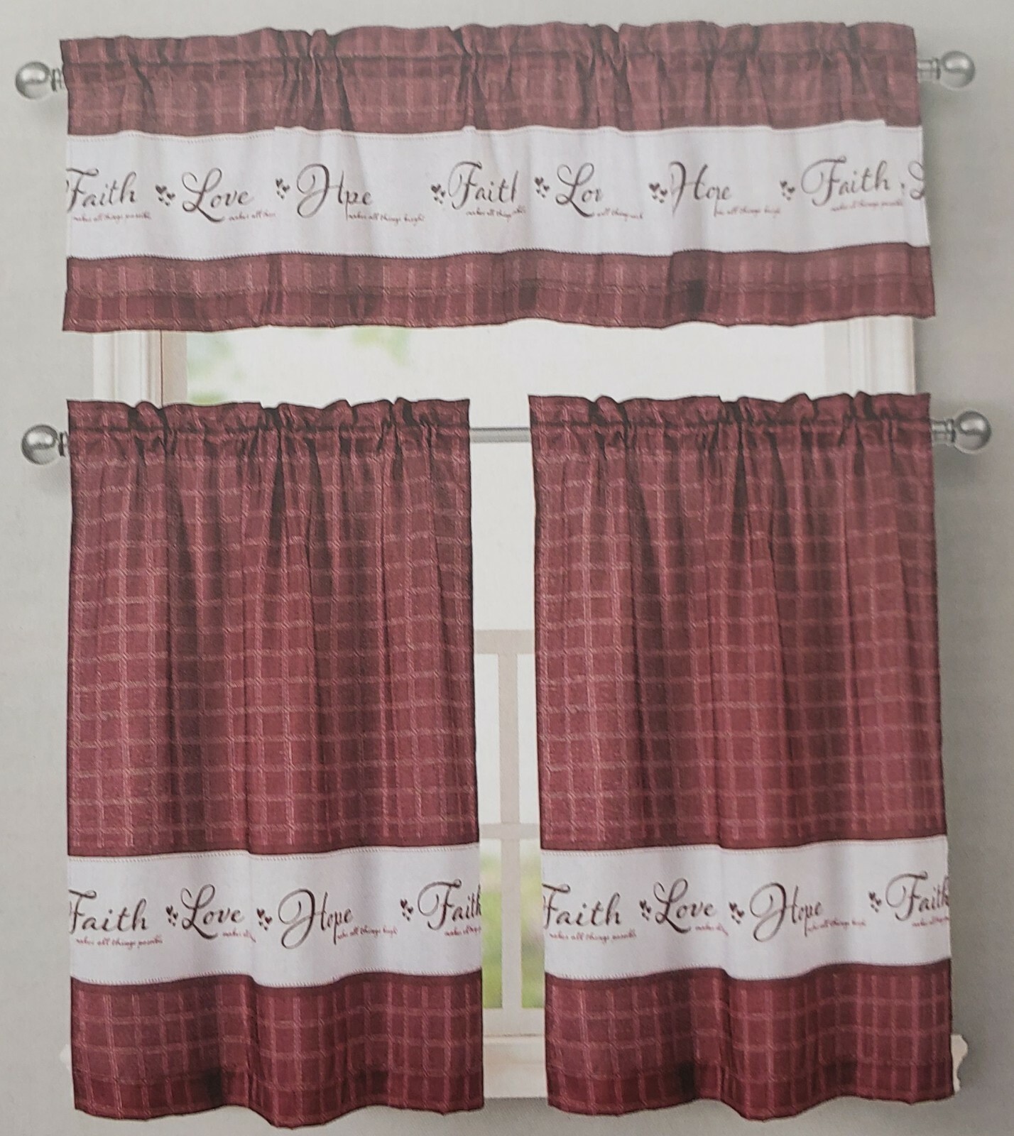 3pc. Printed Curtains Set:2 Tiers (30″x36″) & Valance(60″x15″)LOVE HOPE FAITH,RH