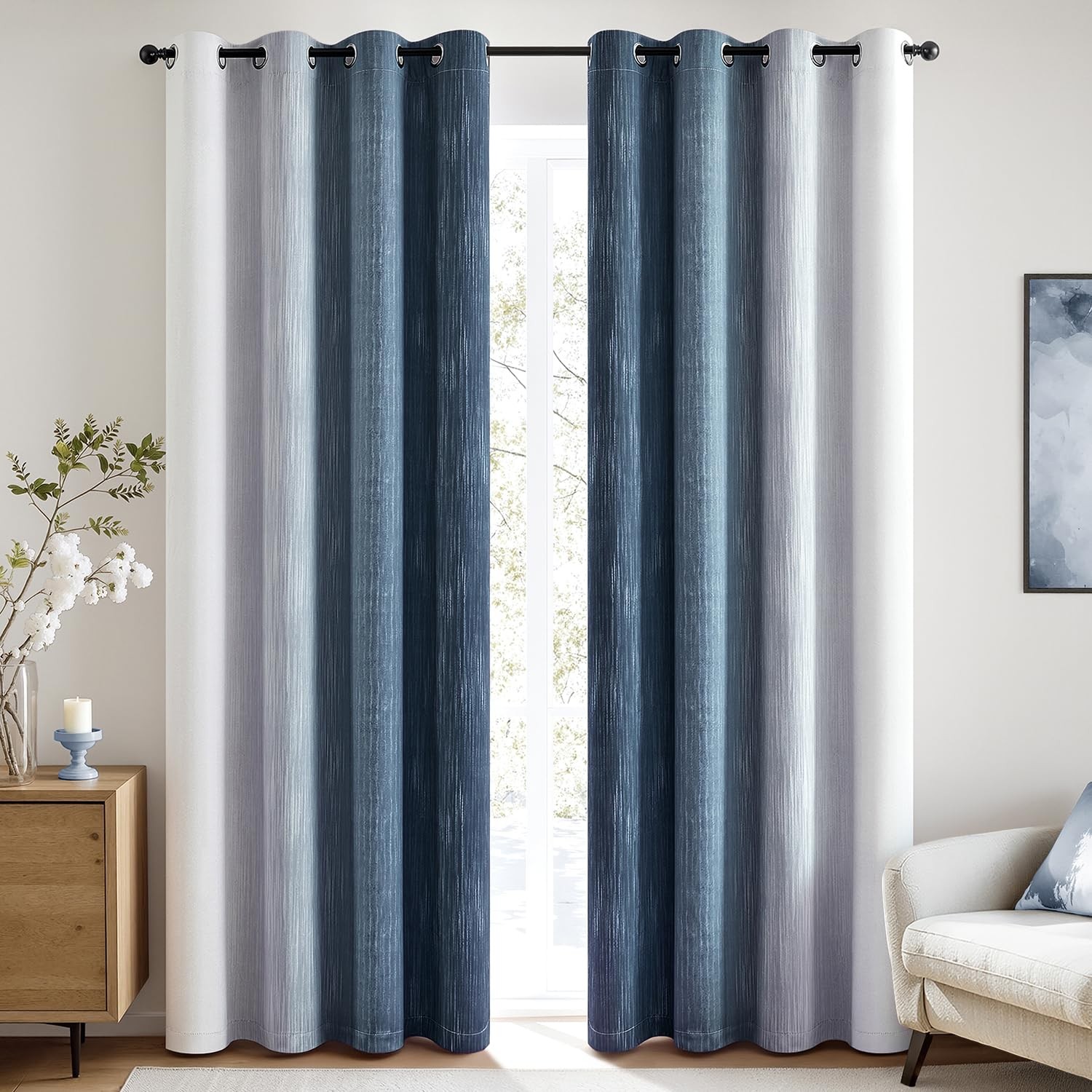 Navy Blue and Greyish White Ombre Blackout Curtains, Full Room Darkening Ther…