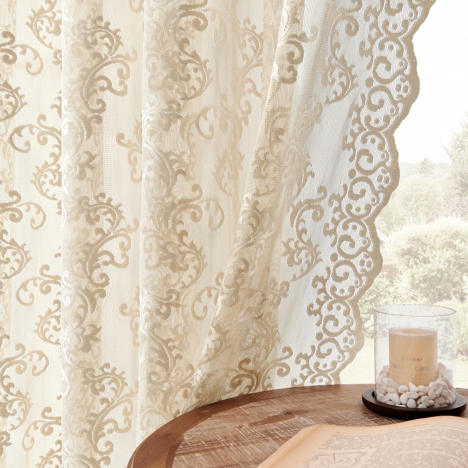 Beige Lace Curtains – 63 Inch Length, 2 Panels Set – Victorian Floral Sheer C