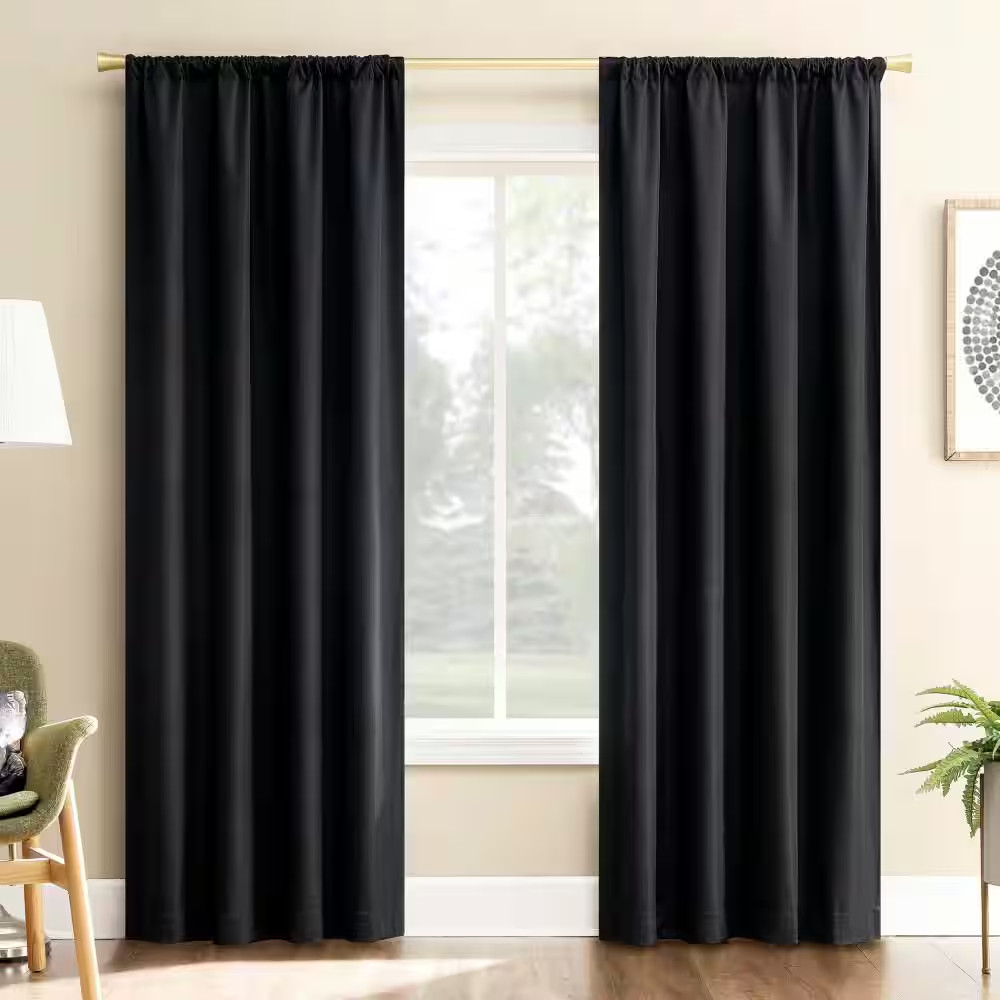 Karina Textured Black Faux Linen 40 In. W X 63 In. L Rod Pocket Blackout Curtain