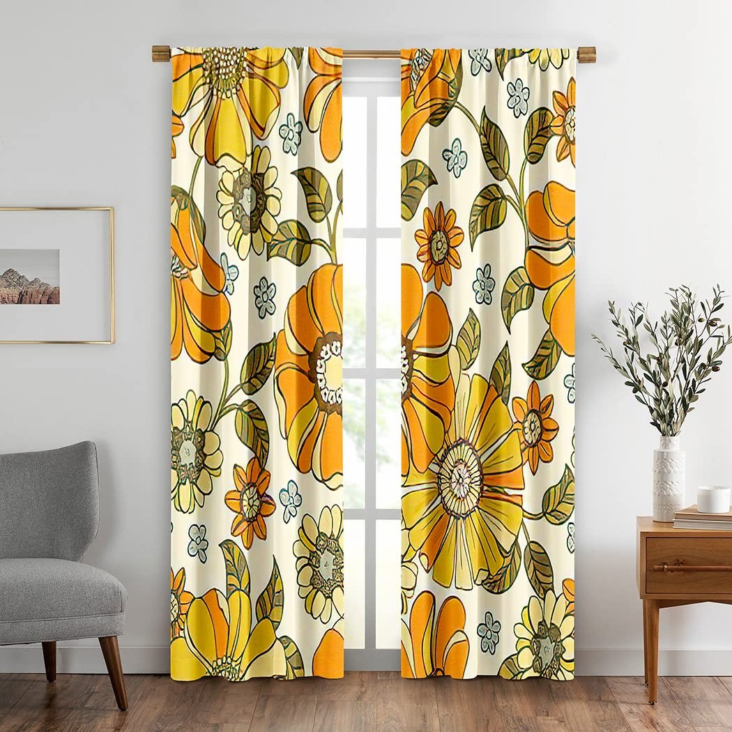 Daisy Flower Pattern Window Drapes Curtain Colorful Large Floral Retro 70S St