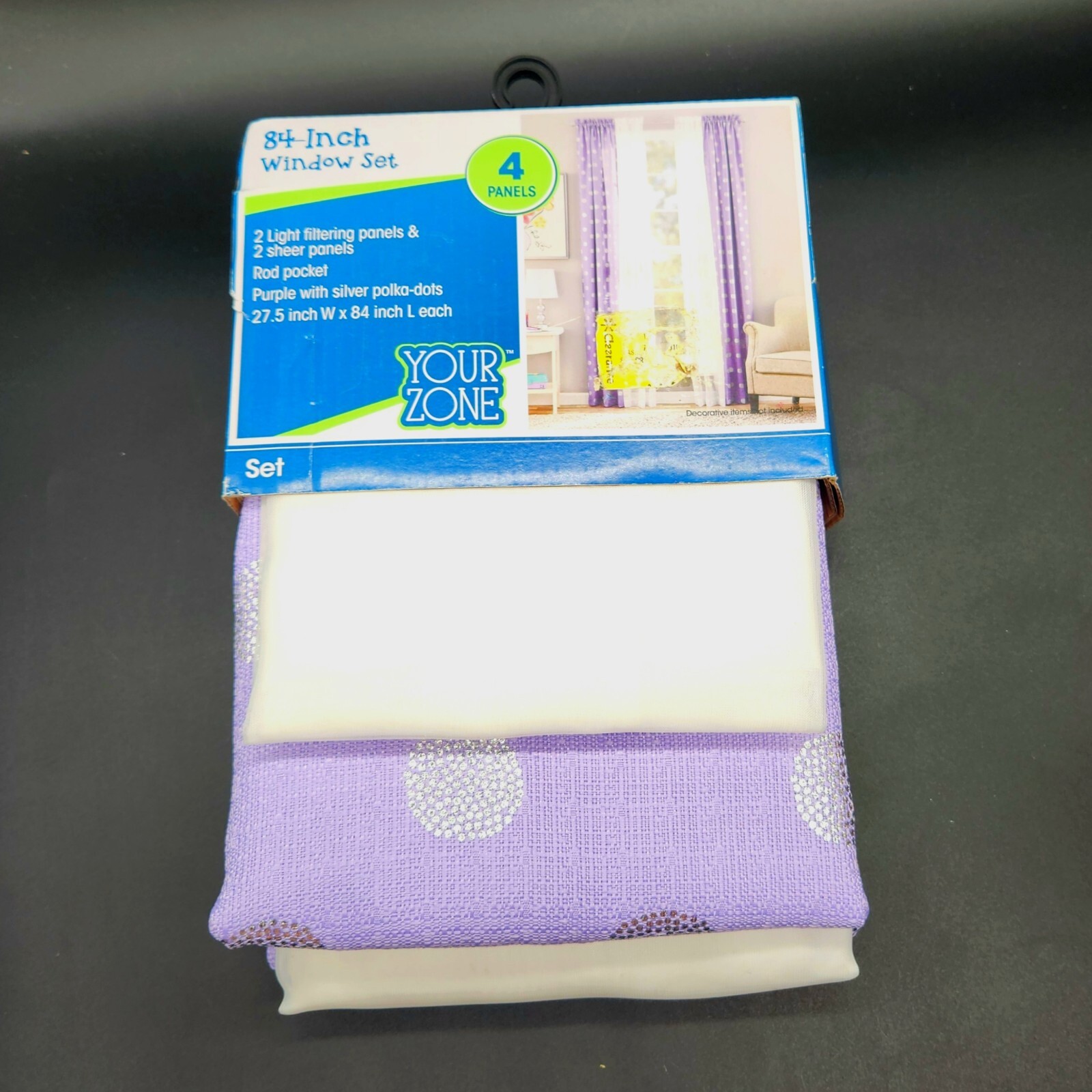4‑Piece Curtain Panel Set 84″ – Purple Foil Polka Dot + White Sheers NEW