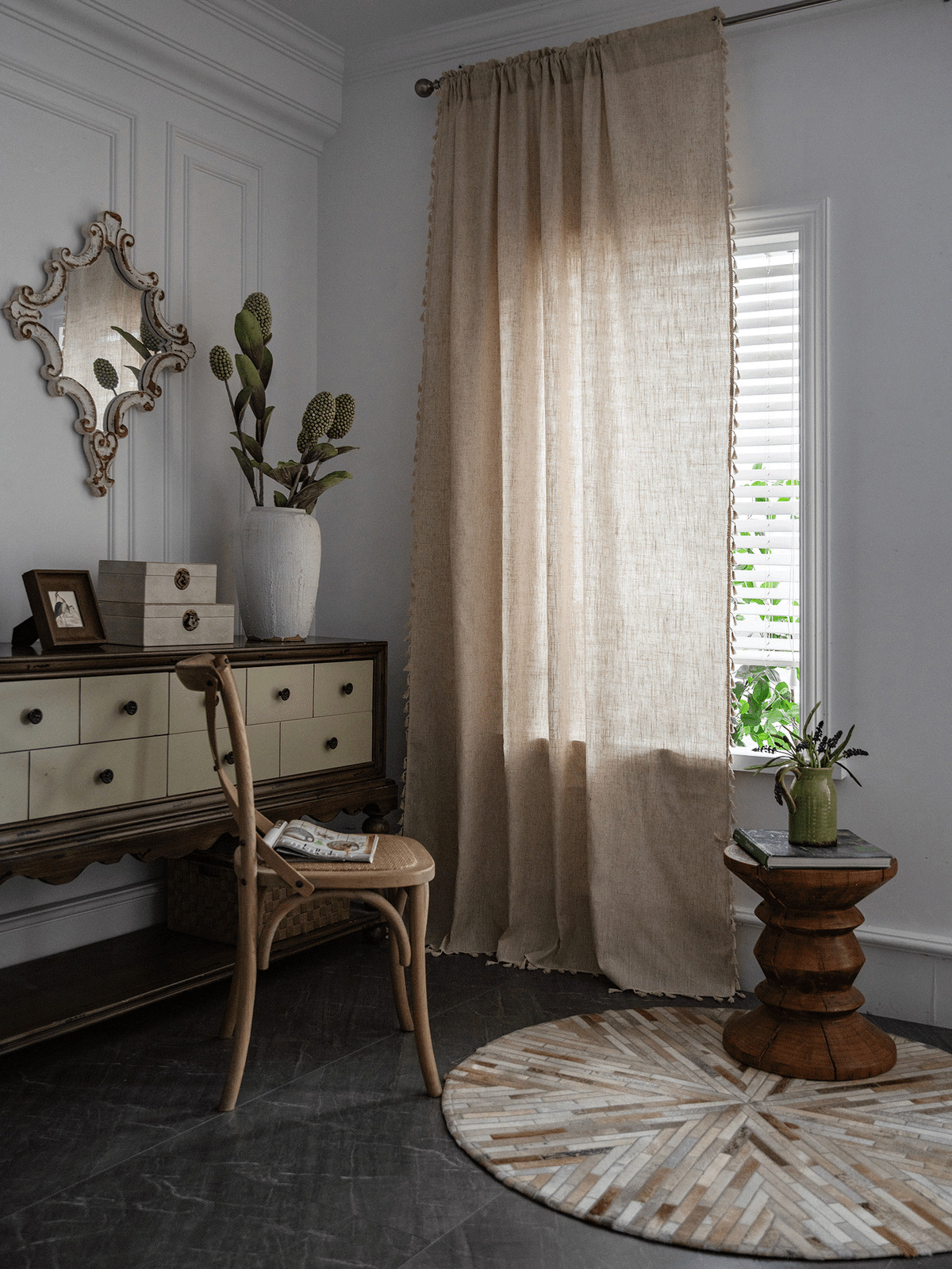 Boho Beige Curtains 94 In Long Bohemia Linen Curtains for Bedroom Living Room