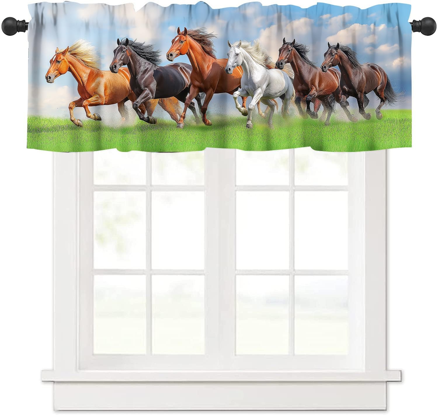Wild Horse Valance Curtains for Kitchen, Vintage Nature Forest Green Meadow W…