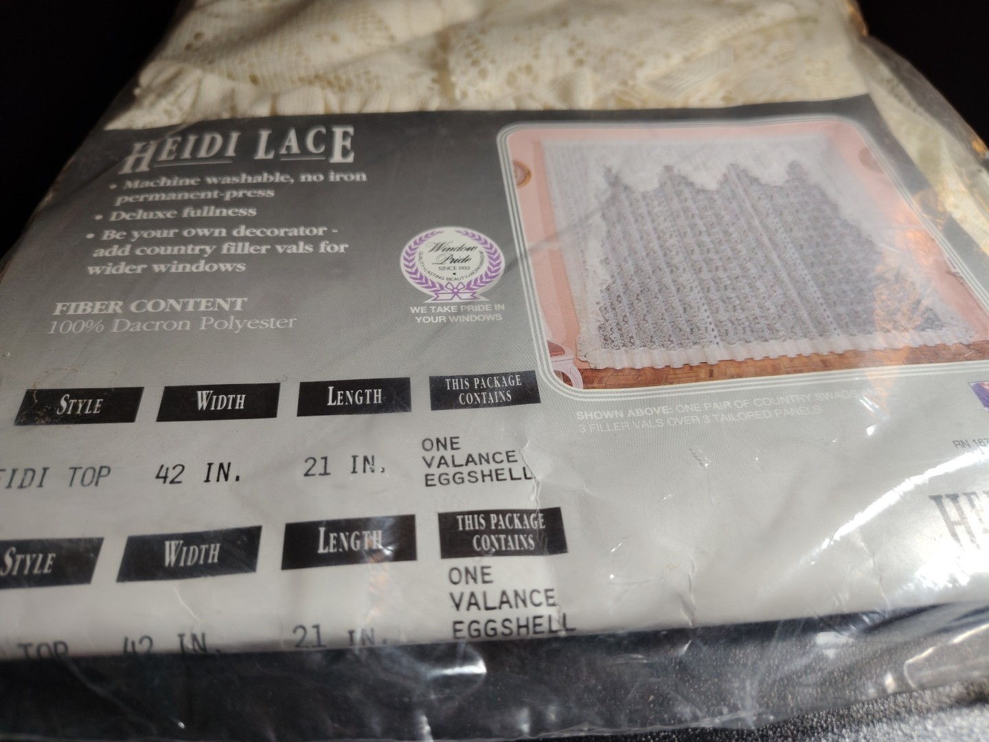 HEIDI LACE VALANCE (one) EGGSHELL 42X21″ TOP MADE IN USA VINTAGE 1991 NEW