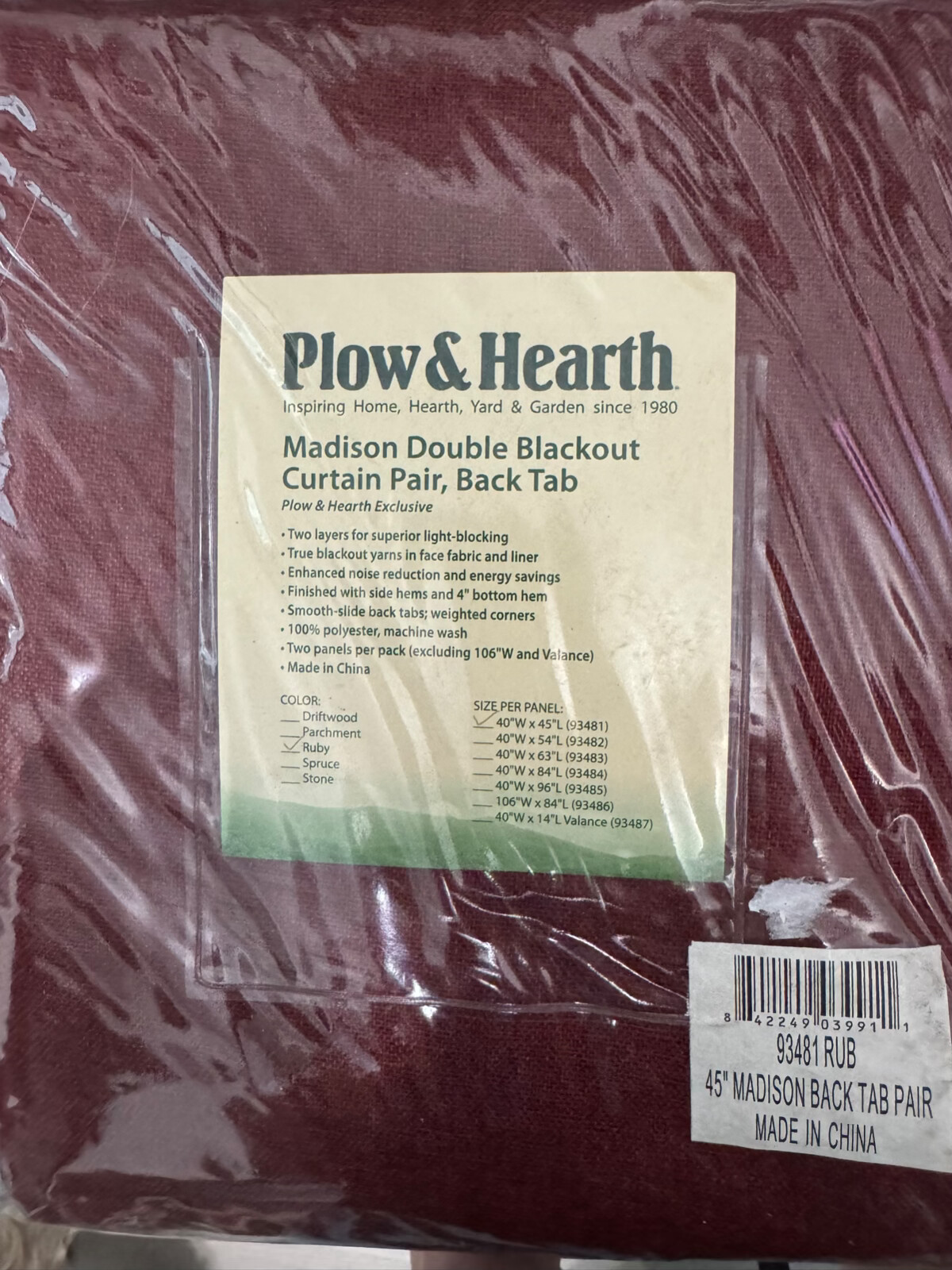 Plow & Hearth Curtain Pair Madison Double-Blackout-Tab Panels 40″Wx45″L Ruby Red