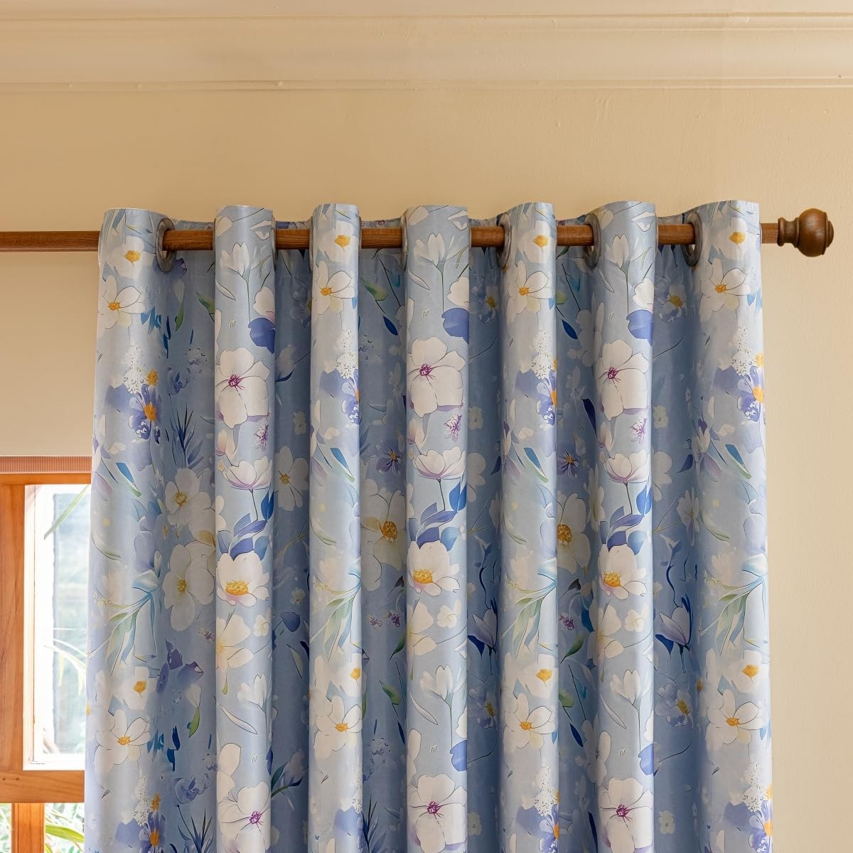 White Floral Blackout Curtains Grommet Top Drapes, 2 Panels, Blue, 52x84inch