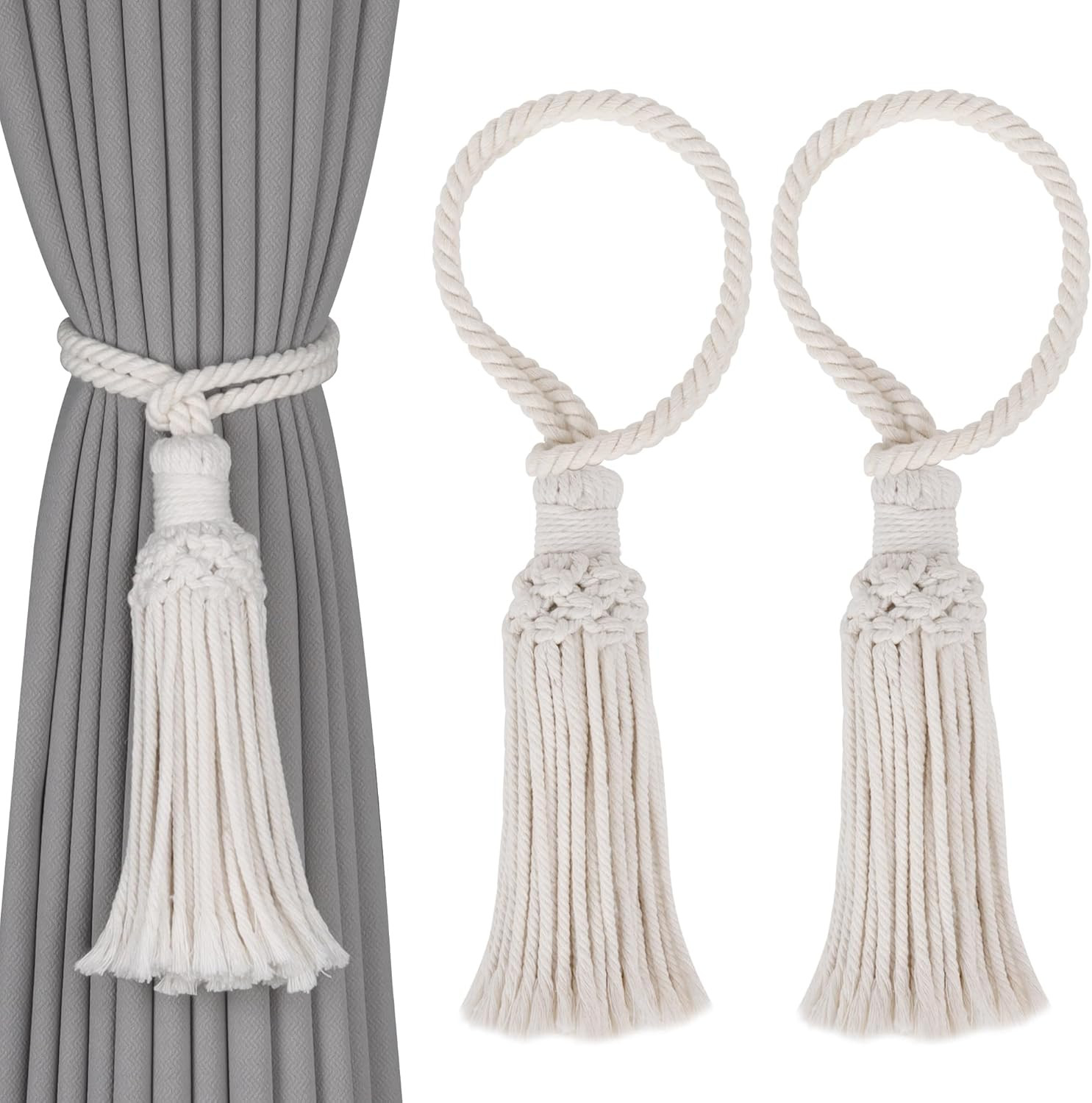 2 Pack Boho Decorative Curtain Tiebacks Hand-Woven Cotton No Drill Curtain Holdb