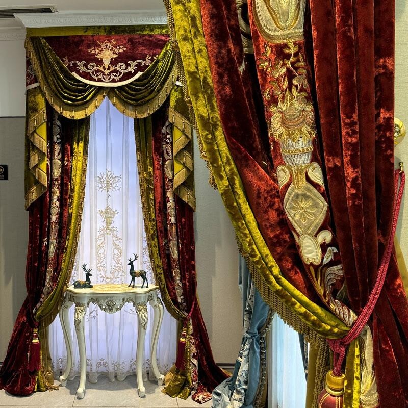 Custom livingroom embroidery red velvet cloth valance curtain tulle drape C2059*