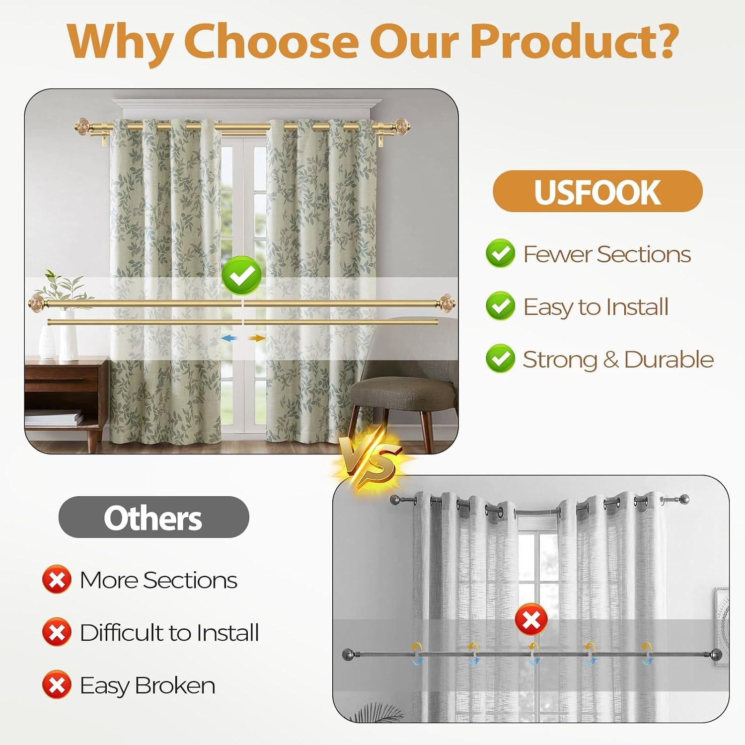 Luxury Gold Double Curtain Rods 36-72” with Crystal Finials, Eco-Friendly Design