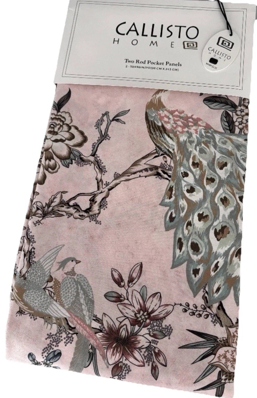 2 – Callisto Home Curtains PEACOCK Birds Floral Window Panels Drapes – 38 x 96”