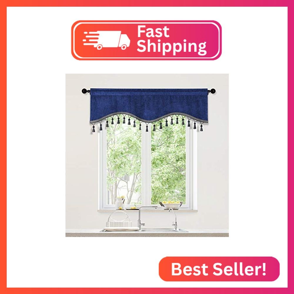 ELKCA Thick Chenille Window Curtains Tier for Kitchen Royal Blue Scalloped Valan