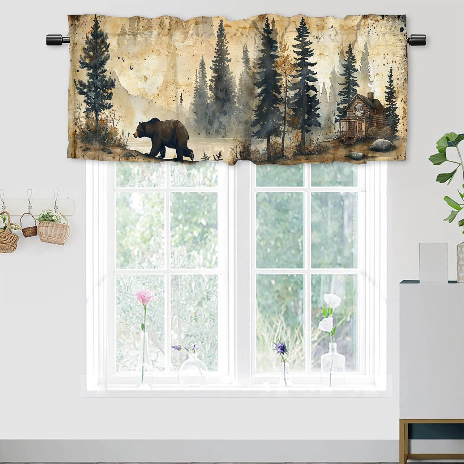 Rustic Cabin Bear Valance Curtains for Windows Farm Wildlife Vintage Camping Cou