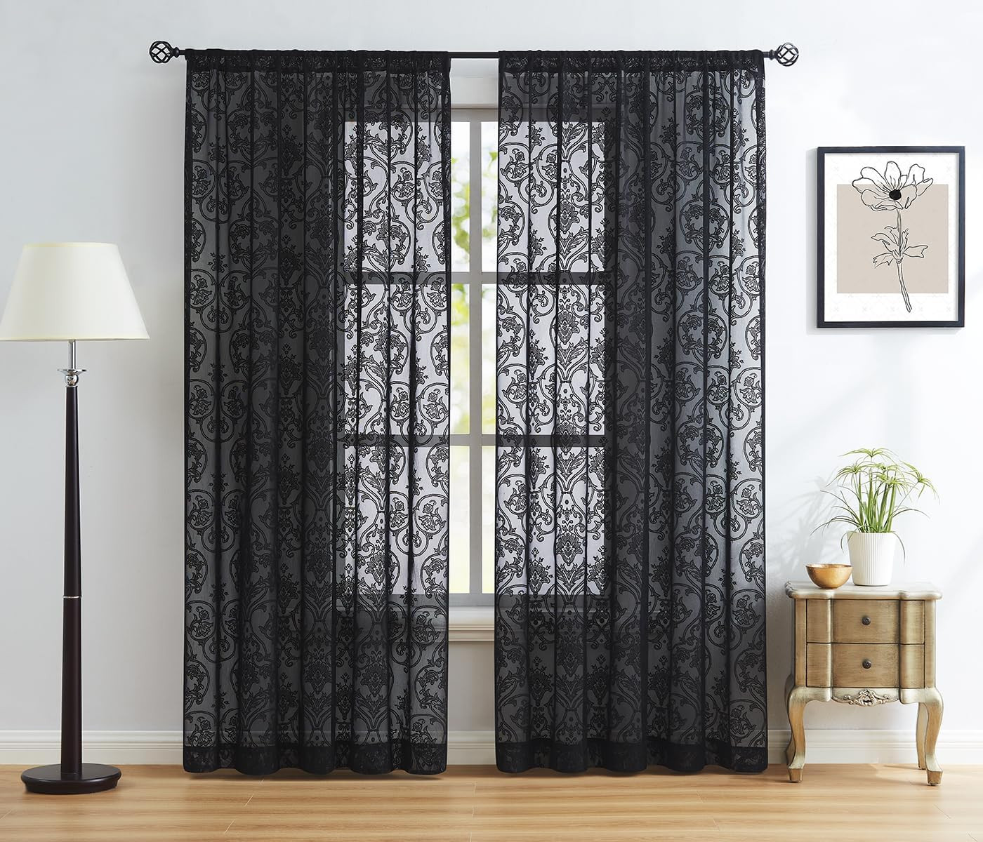 Damask Lace Sheer Curtains Black – Vintage Luxury Traditional Floral Sheer Curta