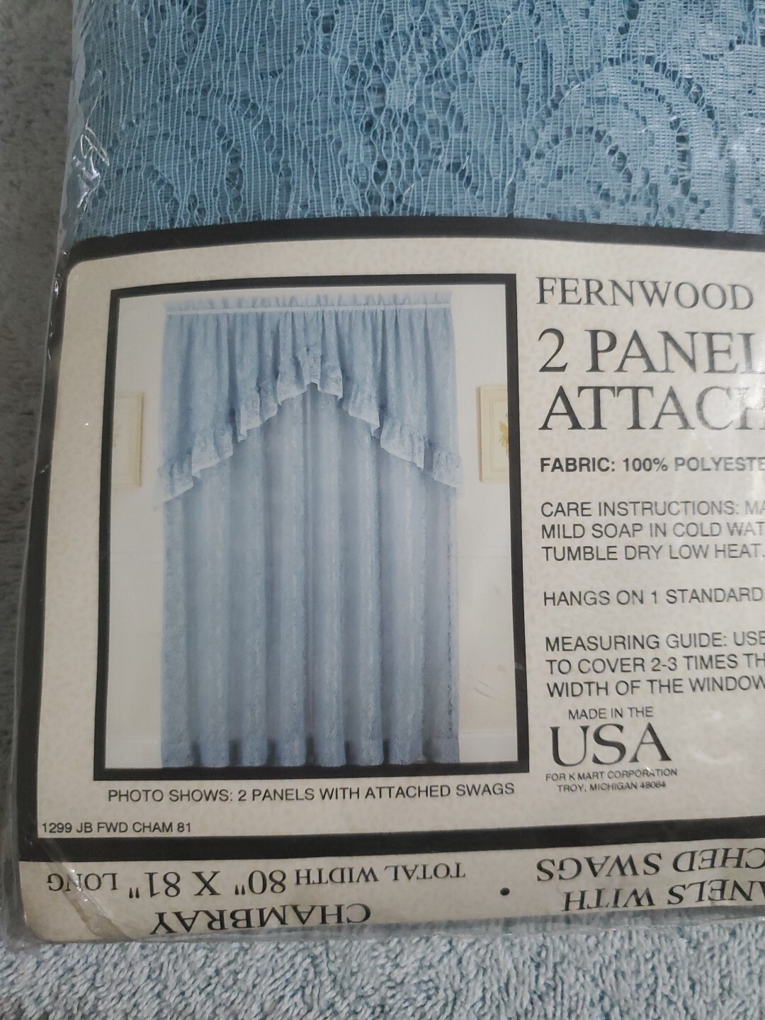 VINTAGE Fernwood Chambray Lace Window Curtain 2 Panels with attached swags NoS
