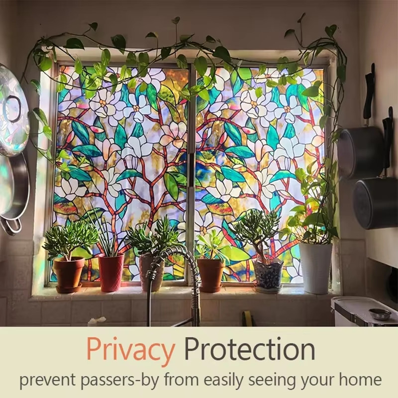 Window Privacy Film Magnolia Window Film Stickers Non Adhesive Static Cling Glas