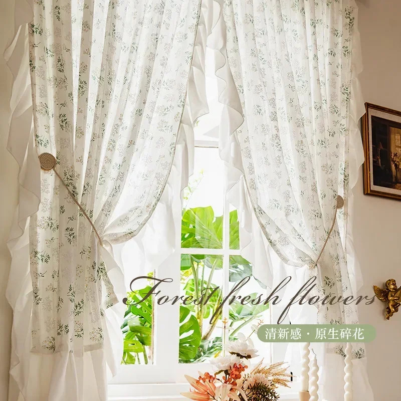 Korean Ruffle Daisy Curtains Road Pocket Shade Curtain Floral for Kitchen Bedroo